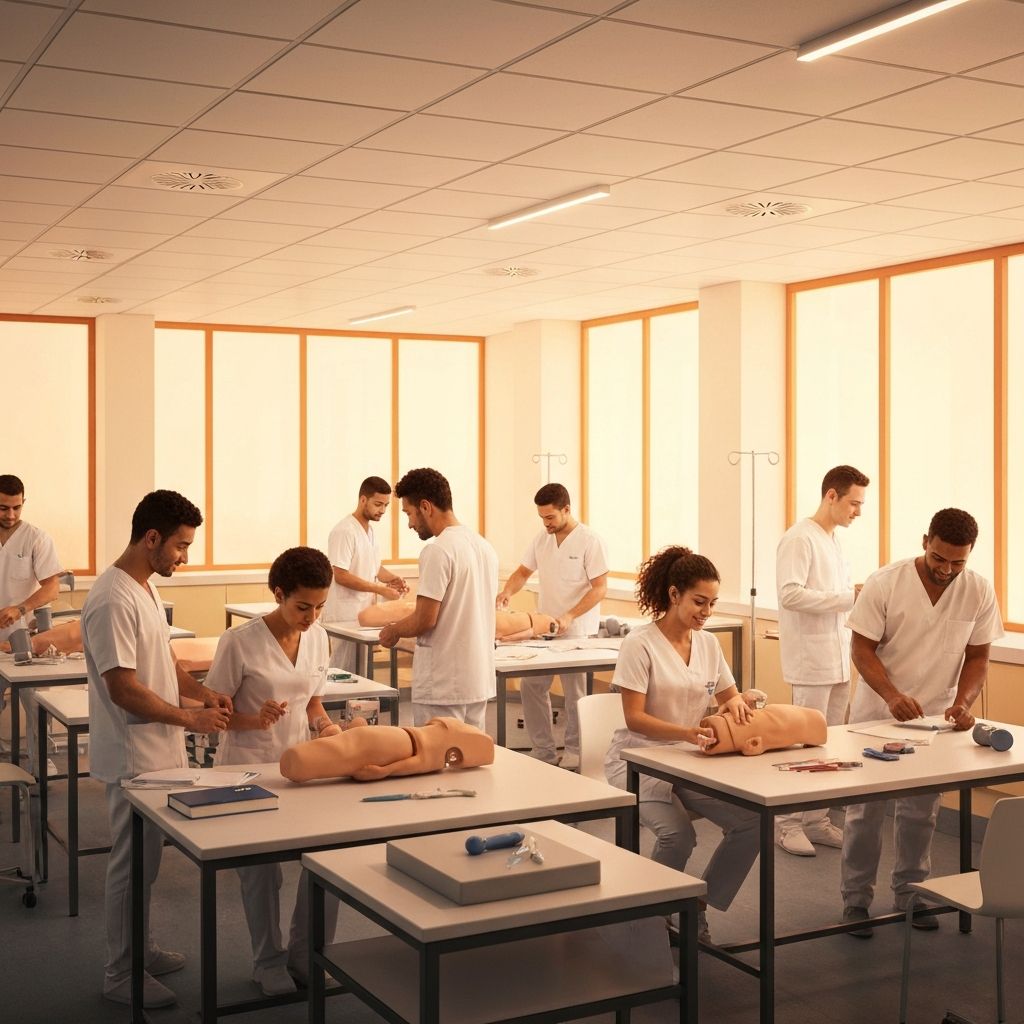 Pflegeschülerinnen in einem modernen Klassenzimmer in Marokko